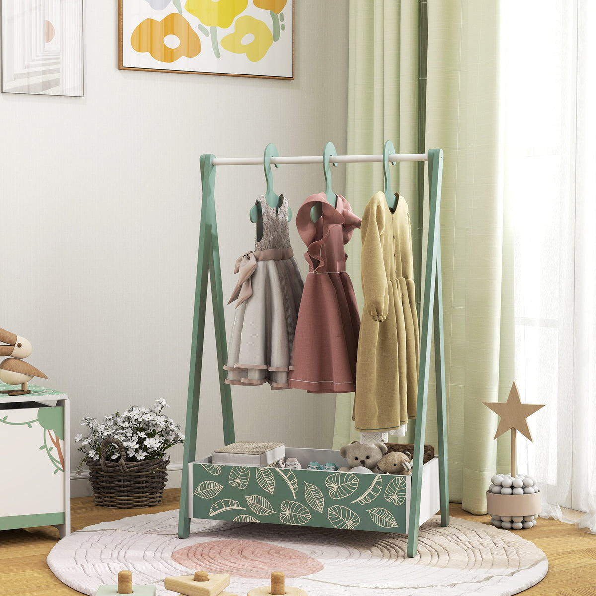 Qaba Kids Clothing Rack with Storage Shelf, Hangers, for Nursery Room, Living Room, Playroom