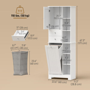 67" Tall Bathroom Storage Cabinet, Slim Bathroom Cabinet with Tilt-Out Laundry Basket, White