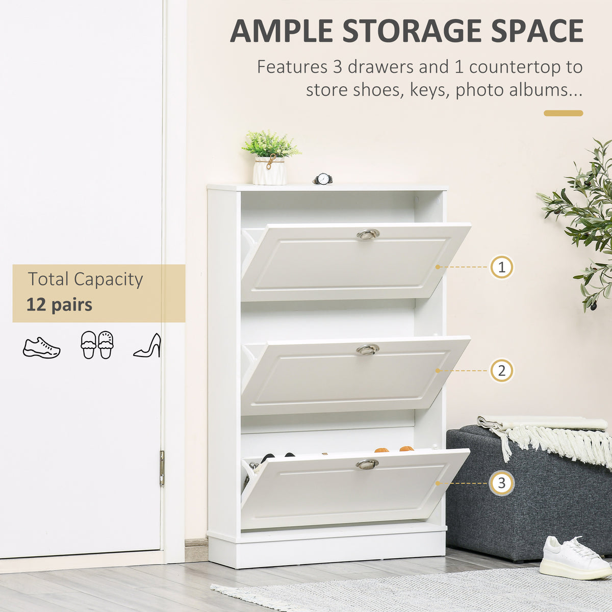 Shoe Cabinet with 3 Flip Drawers, Narrow Shoe Storage Cabinet, Holds 12 Pairs for Entryway, Hallway, White