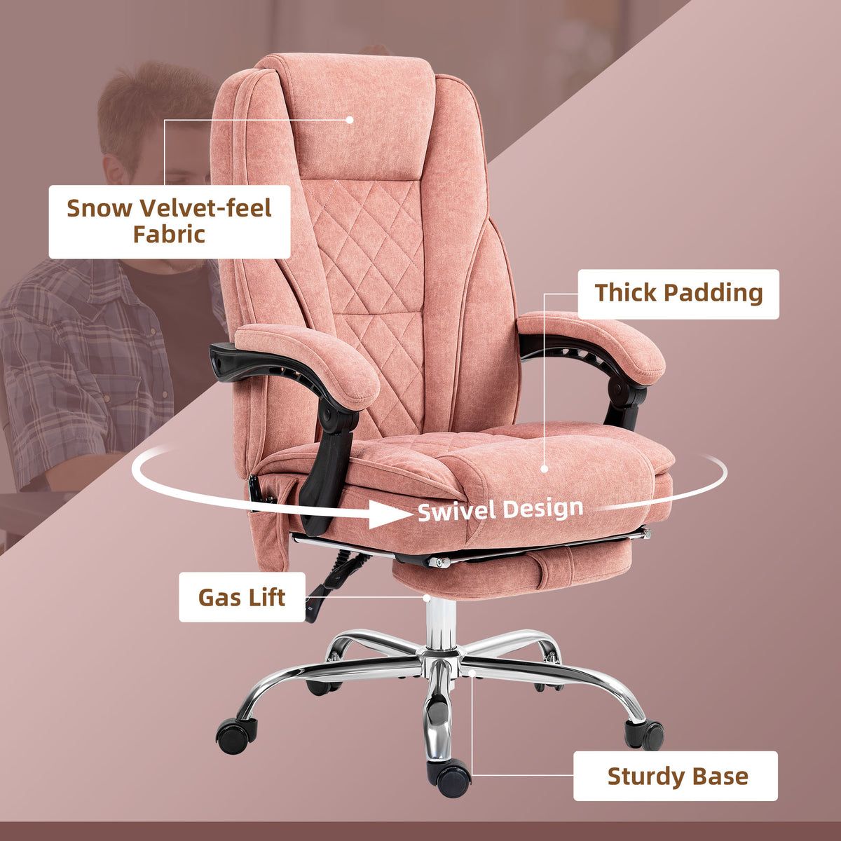 Massage Office Chair, Reclining Computer Chair with Adjustable Height and Footrest, Pink
