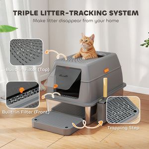 XL Stainless Steel Cat Litter Box, 80L Kitty Litter Box with Front/Top Entry, Trapping Step, Scoop, for Large Big Cats