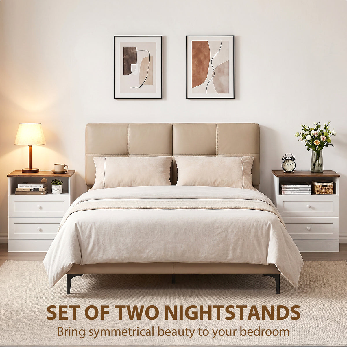 Nightstand with Charging Station 2 Drawers Bedside Table Set of 2 White and Oak