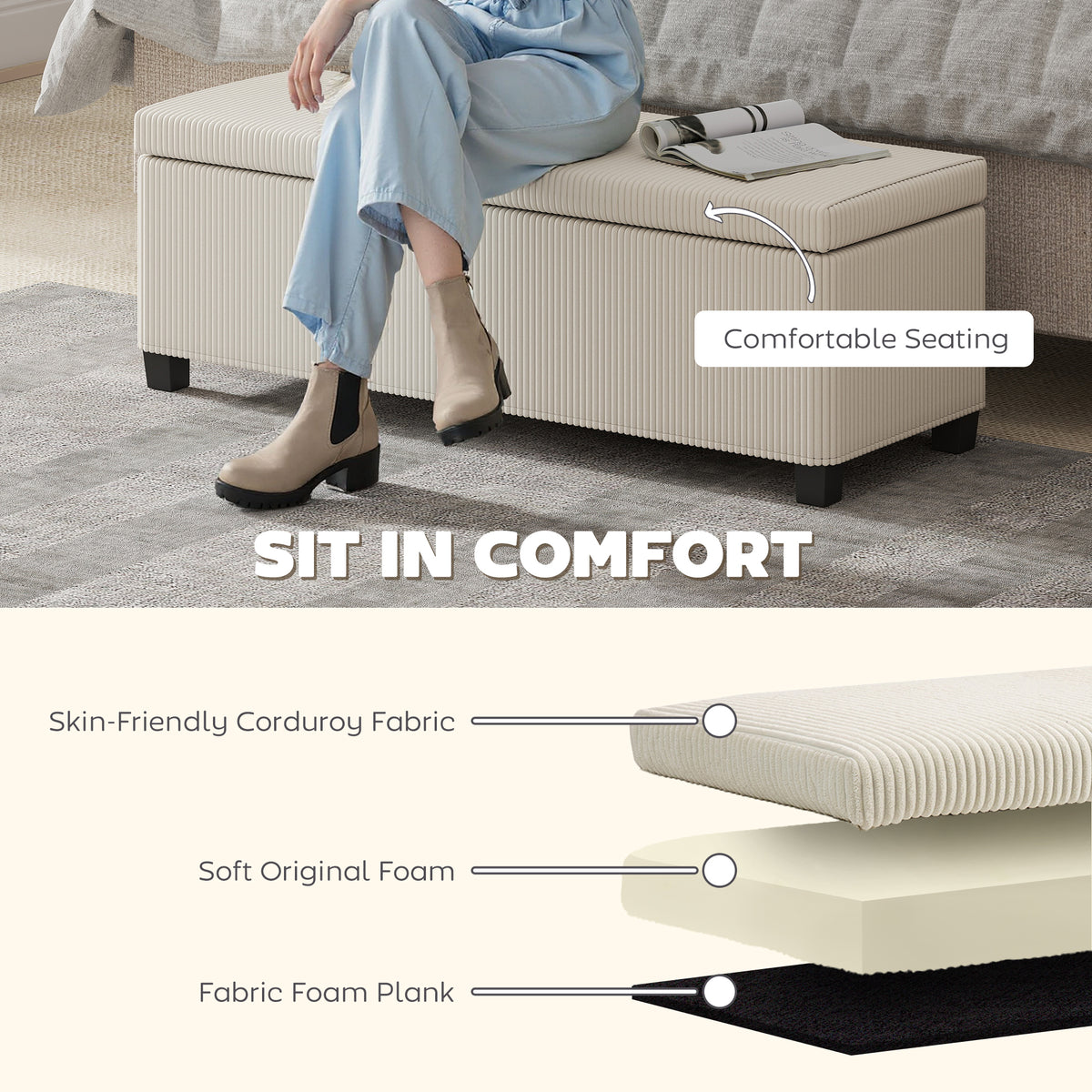 44 Inches Ottoman with Storage, Lid, Legs, Corduroy End of Bed Bench for Living Room, Bedroom, Entryway – view 4