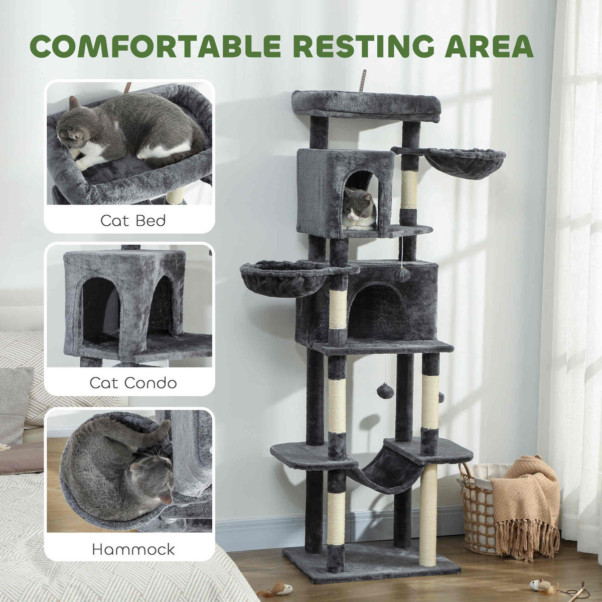 69" Cat Tree, Multi-Level Cat Tower with 2 Condos, Plush Perch and Sisal Scratching Posts, Dark Grey – view 4