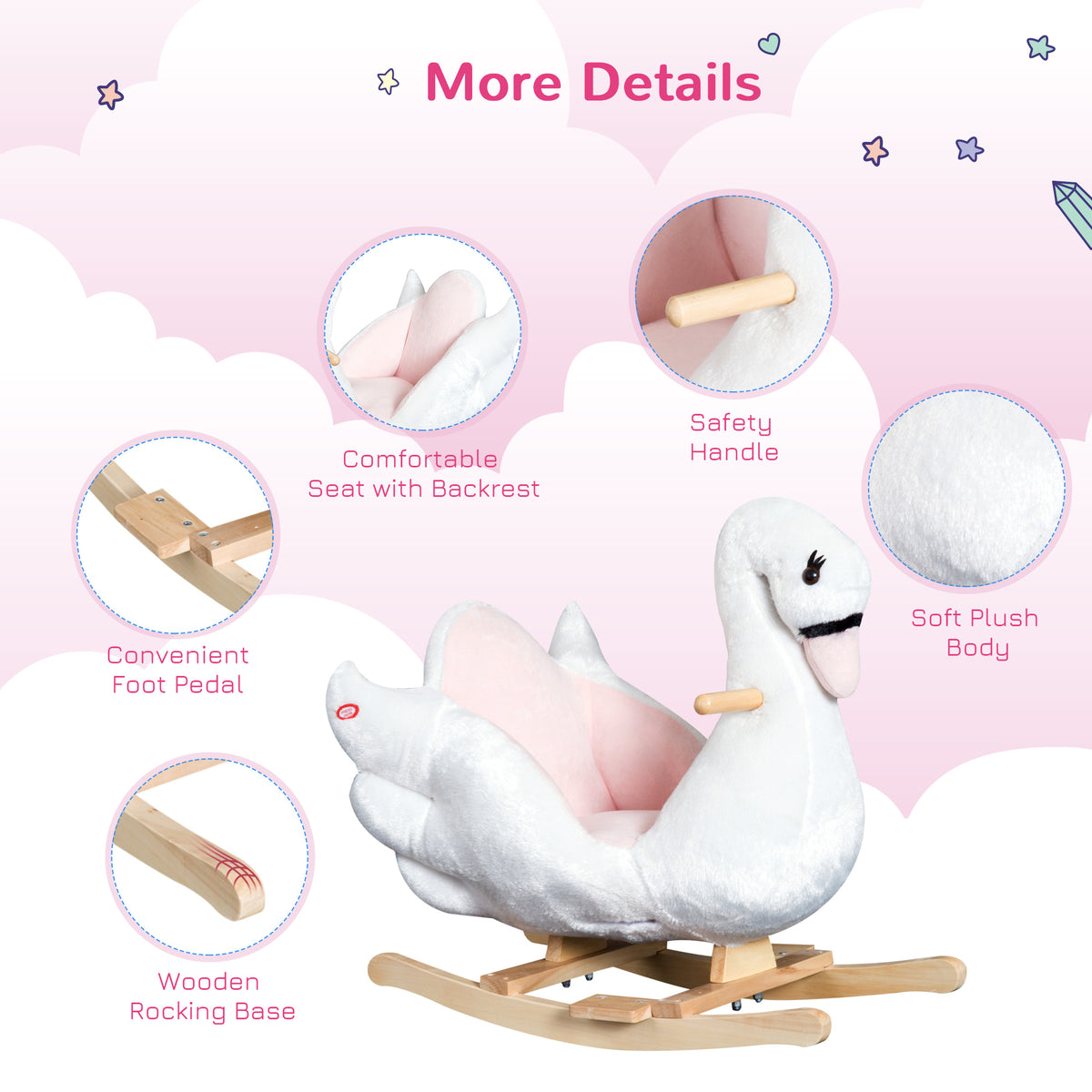 Qaba Soft Warm Kids Rocking Horse Child Plush Ride On Toy Swan Style Playtime with Lullaby Song White
