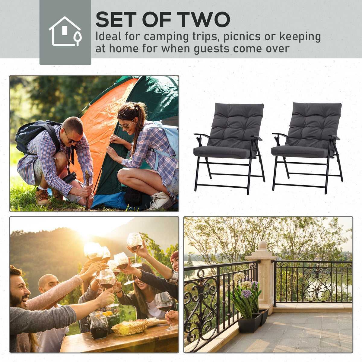 Set of 2 Outdoor Folding Chairs with Adjustable Backrest, Padded Camping Chairs for Outdoor Events, Grey – view 3