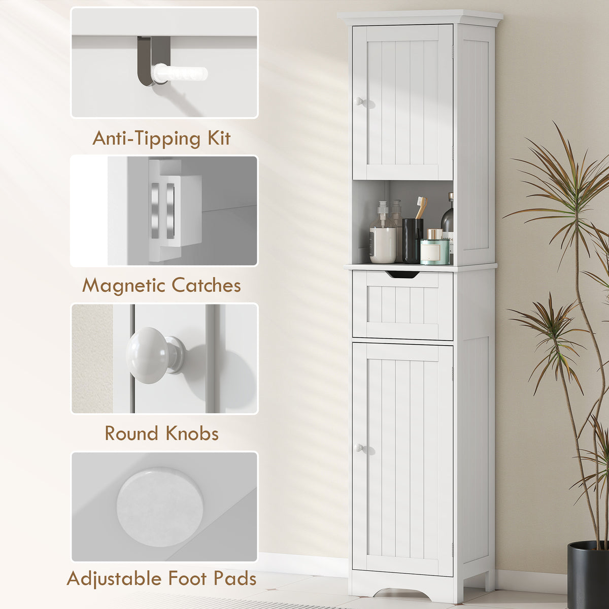 67" Tall Bathroom Storage Cabinet, Narrow Bathroom Cabinet with LED Light, Adjustable Shelf, Open Compartment, Drawer