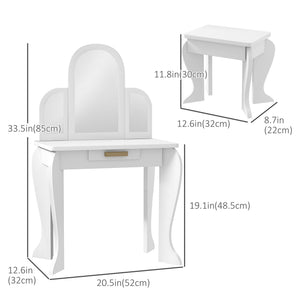 Qaba Kids Dressing Table and Chair Set, Girls Dressing Set, Makeup Desk with Drawer for 3-6 Years Old Kids