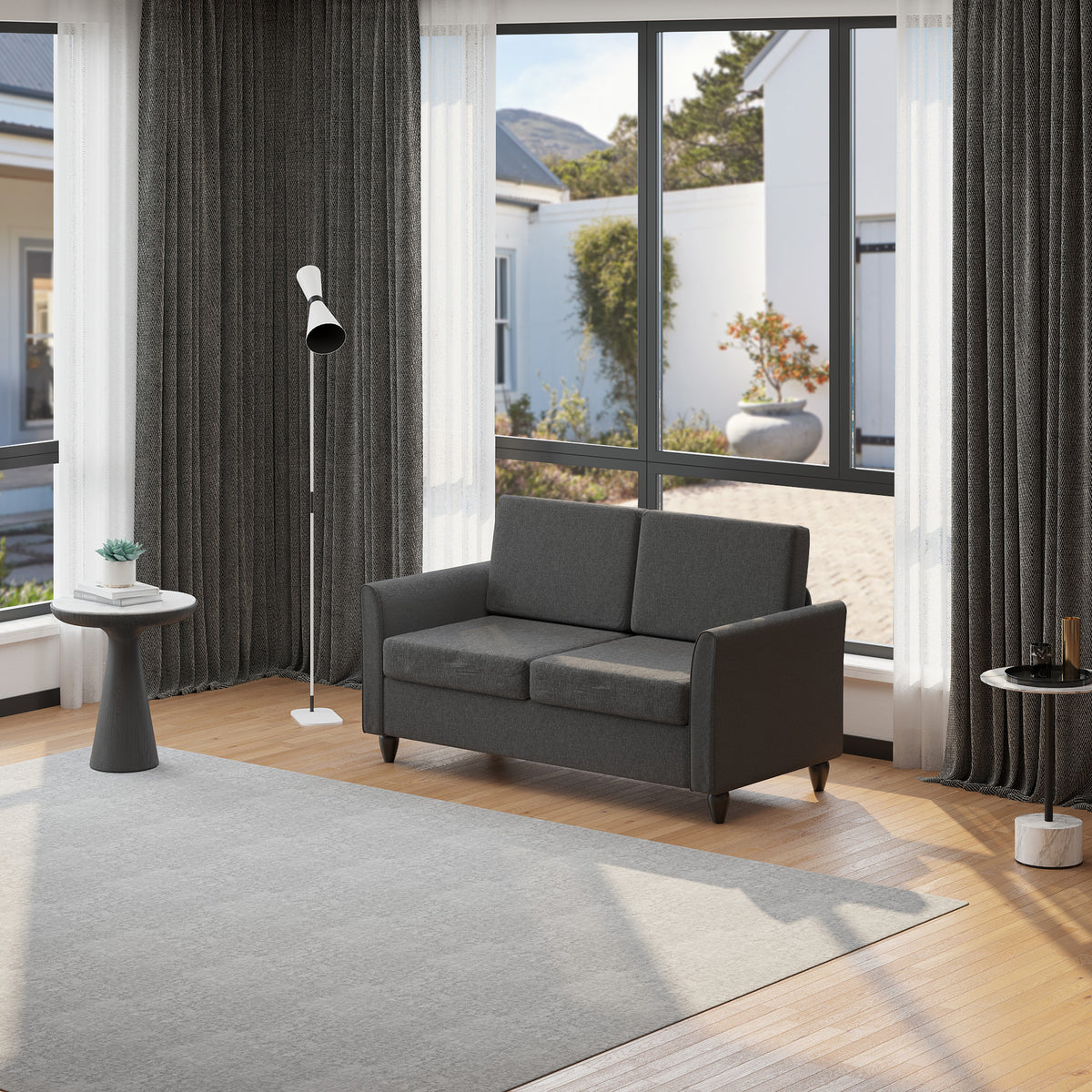 2-Seat Sofa Two-Seater Couch with Armrests and Wood Legs for Living Room, Bedroom, Dark Grey – view 7
