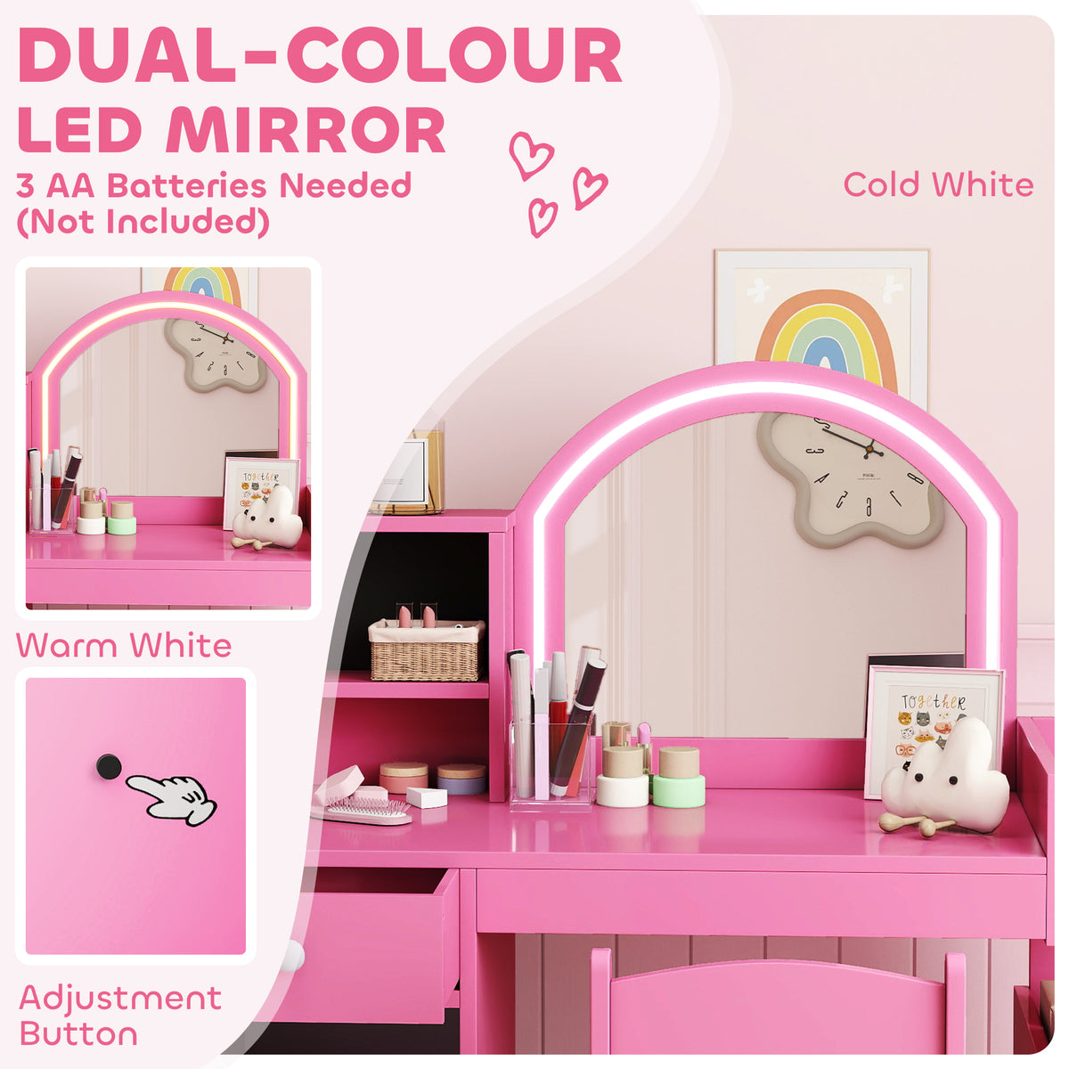 Qaba Kids Vanity Set, Toddler Dressing Table and Chair Set  with Lighted Mirror, Cabinet, Drawer and Shelves