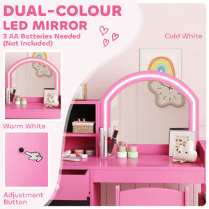Qaba Kids Vanity Set, Toddler Dressing Table and Chair Set  with Lighted Mirror, Cabinet, Drawer and Shelves