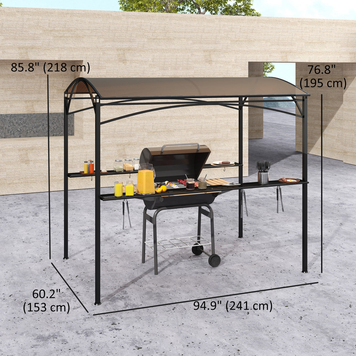 8' x 5' Hardtop Grill Gazebo, Outdoor BBQ Gazebo with PC Board Roof, BBQ Canopy Gazebo with 2 Side Shelves and 10 Hooks