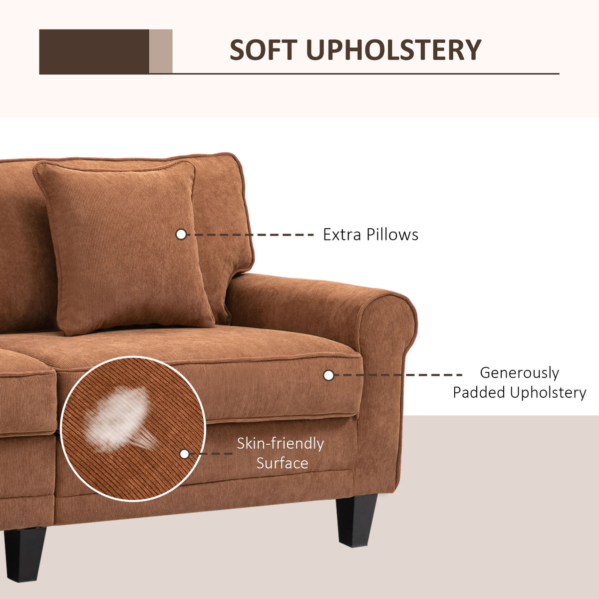 Modern 3 Seater Sofa, Corduroy Fabric 3 Seater Couch with Pine Wood Legs and Rolled Armrests for Living – view 11