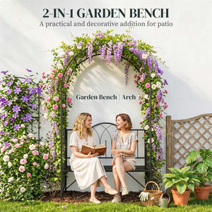 80" Tall Fairy Garden Arbor Arch with Bench Metal Outdoor Plant Climbing Support Trellis with 2 Seater Bench for Rose Vines Black