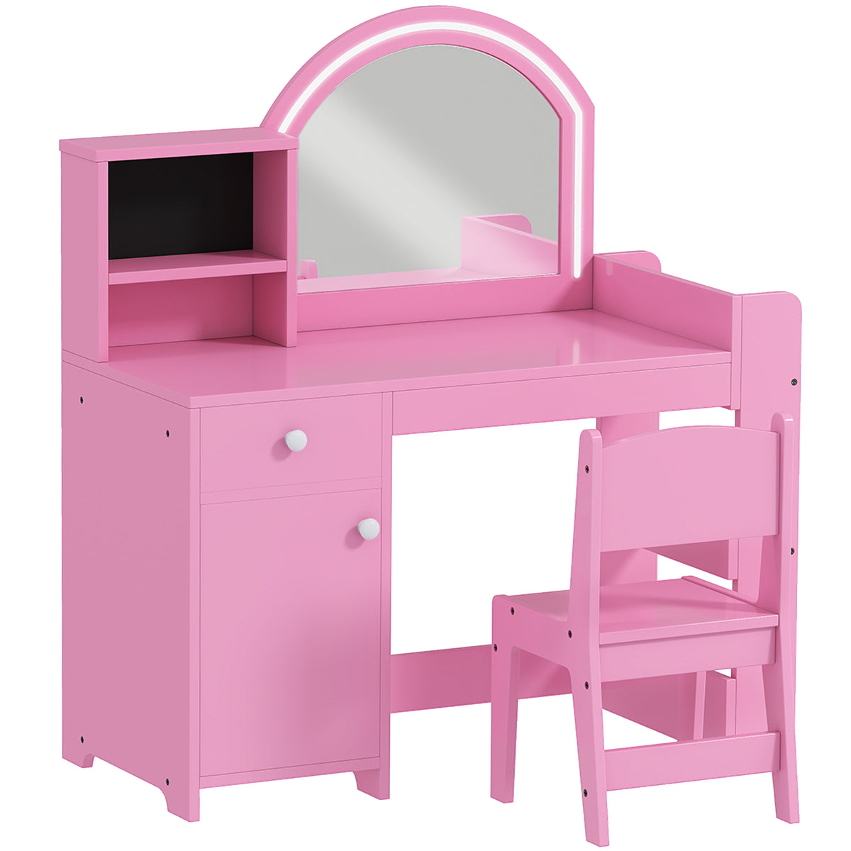 Qaba Kids Vanity Set, Toddler Dressing Table and Chair Set  with Lighted Mirror, Cabinet, Drawer and Shelves