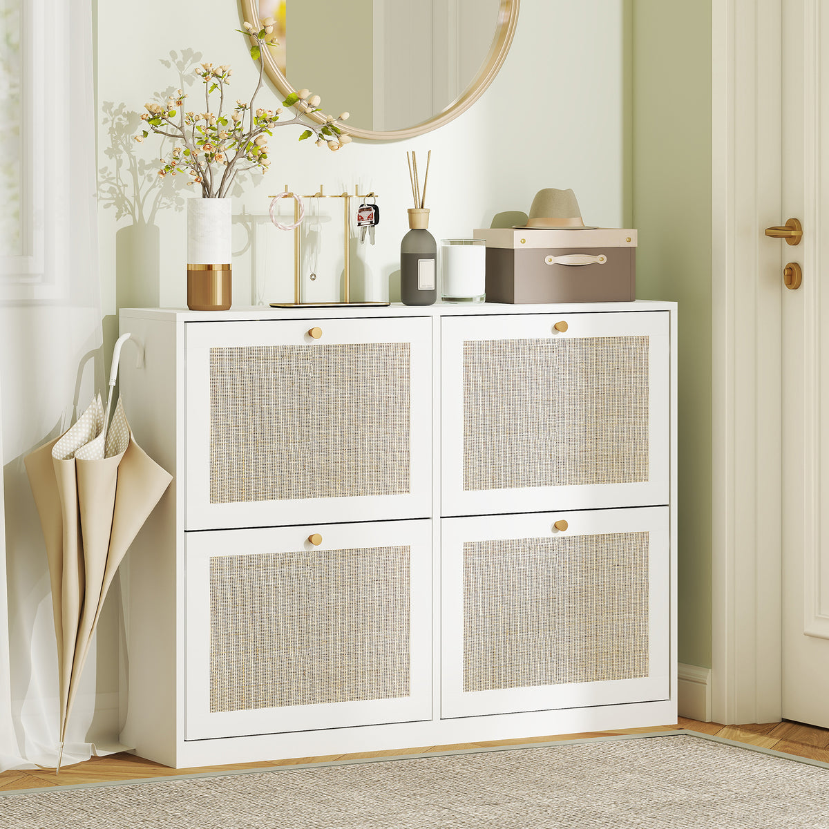 Narrow Shoe Storage Cabinet, Rattan Shoe Cabinet with 4 Flip Drawers and Adjustable Shelves for 20 Pairs – view 13