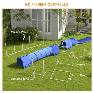 7 Pcs Dog Agility Kit w/ Tunnels, Weave Poles, Adjustable Hurdles, Jump Ring, Pause Box, Whistle, Carry Bag, Blue