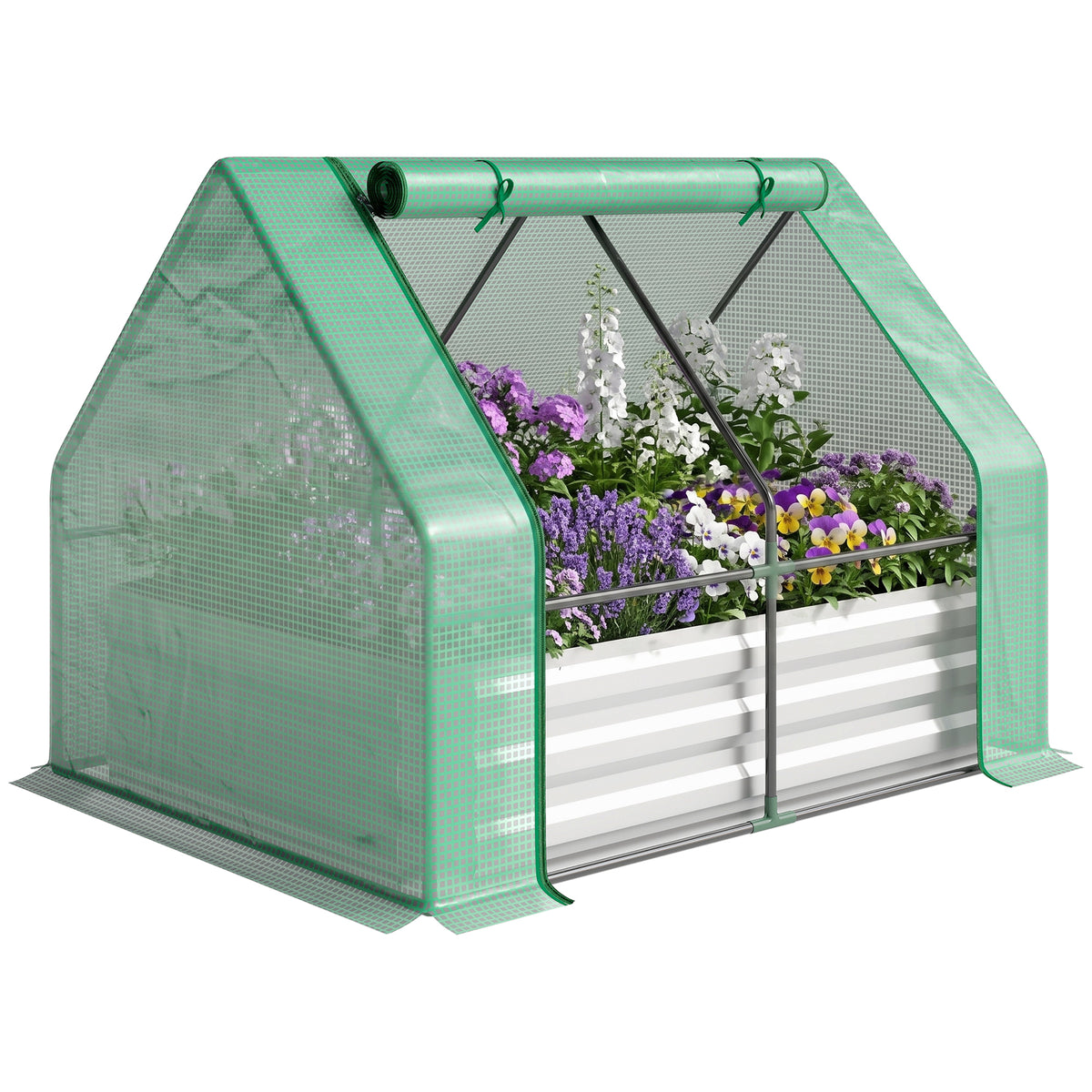 Steel Outdoor Raised Garden Bed with Greenhouse,Cover, Roll Up Door, Dual Use, 50"x37.4"x36.2", Green