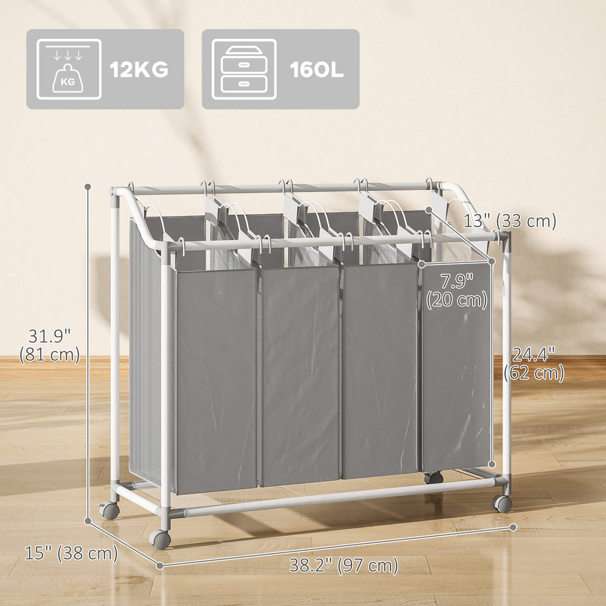 Laundry Hamper with Wheels, 160L Laundry Basket with 4 Removable Bags for Bedroom, Bathroom, Grey