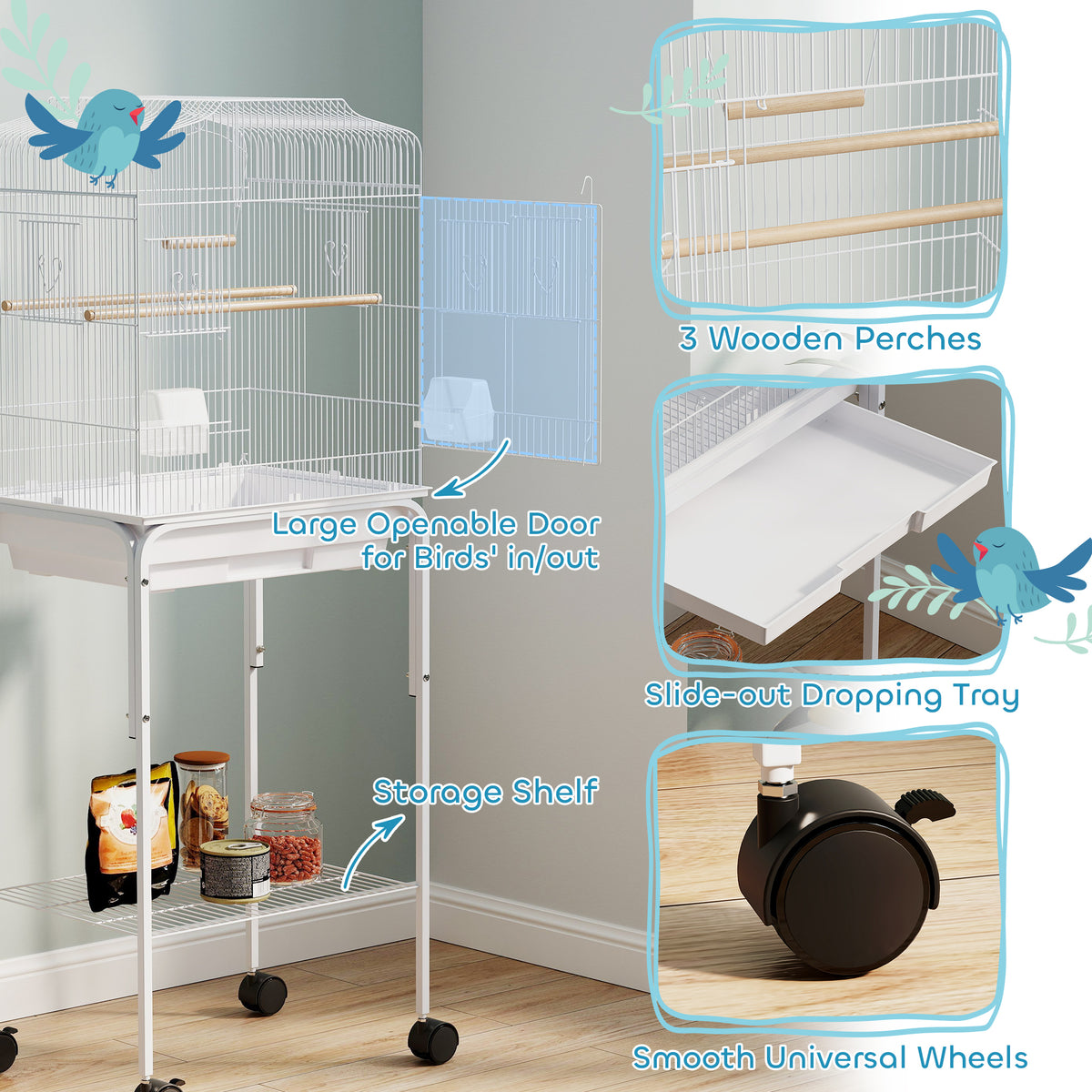 62" Rolling Bird Cage Cockatoo House Play Top Finch Pet Supply with Storage Shelf, Wheels - Black – view 25