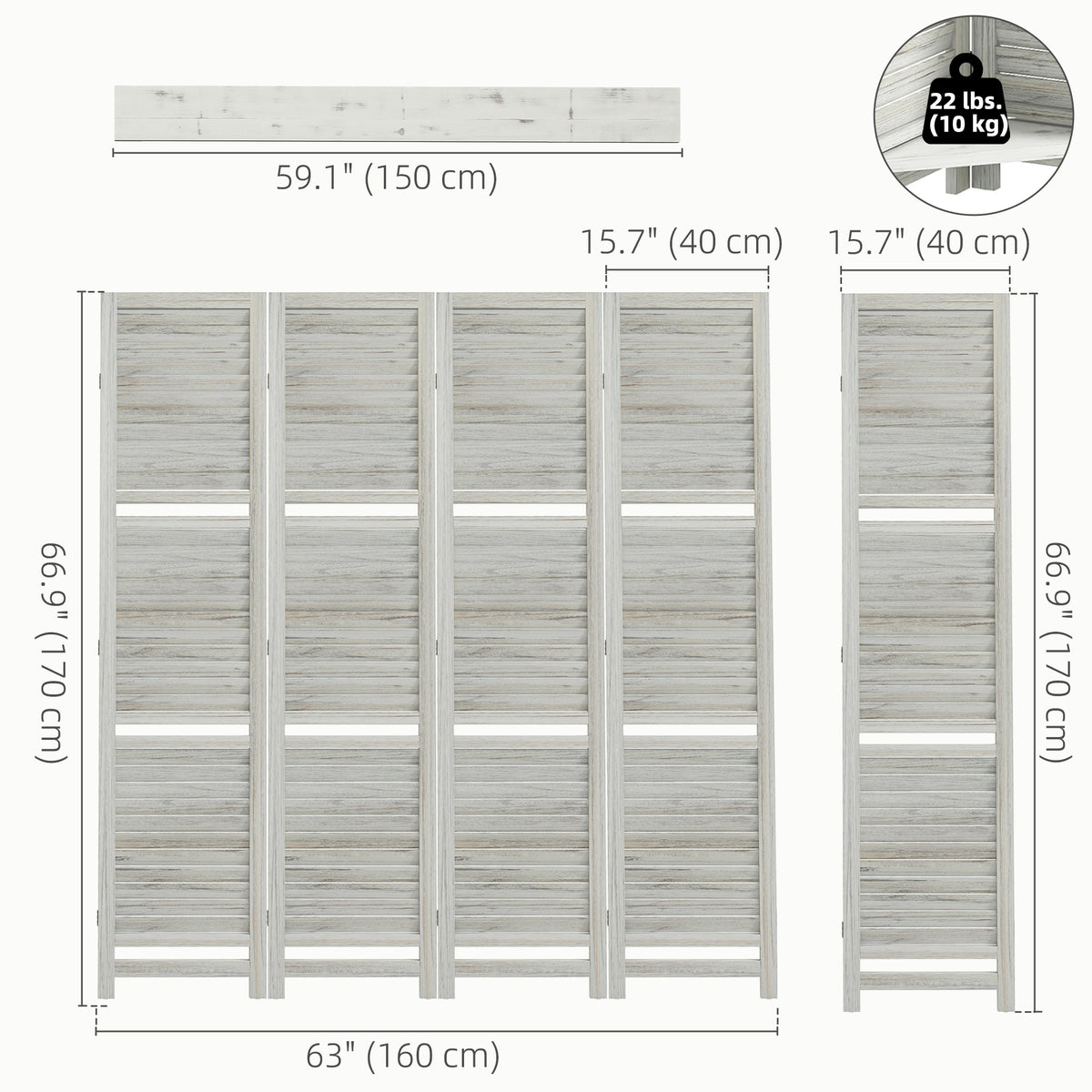 4-Panel Wall Partition Room Separator with 3 Storage Shelves Foldable Design Wooden Frame 5.6FT Distressed White