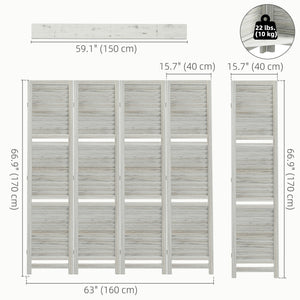 4-Panel Wall Partition Room Separator with 3 Storage Shelves Foldable Design Wooden Frame 5.6FT Distressed White