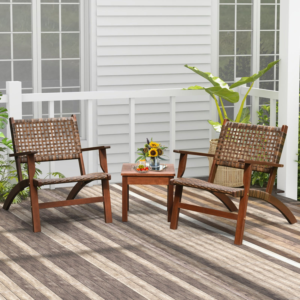 3 Pieces Outdoor Wooden Patio Rattan Furniture Set view 2