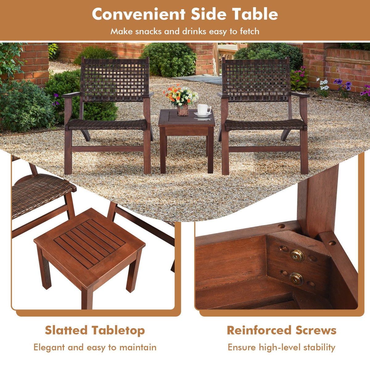 3 Pieces Outdoor Wooden Patio Rattan Furniture Set view 3