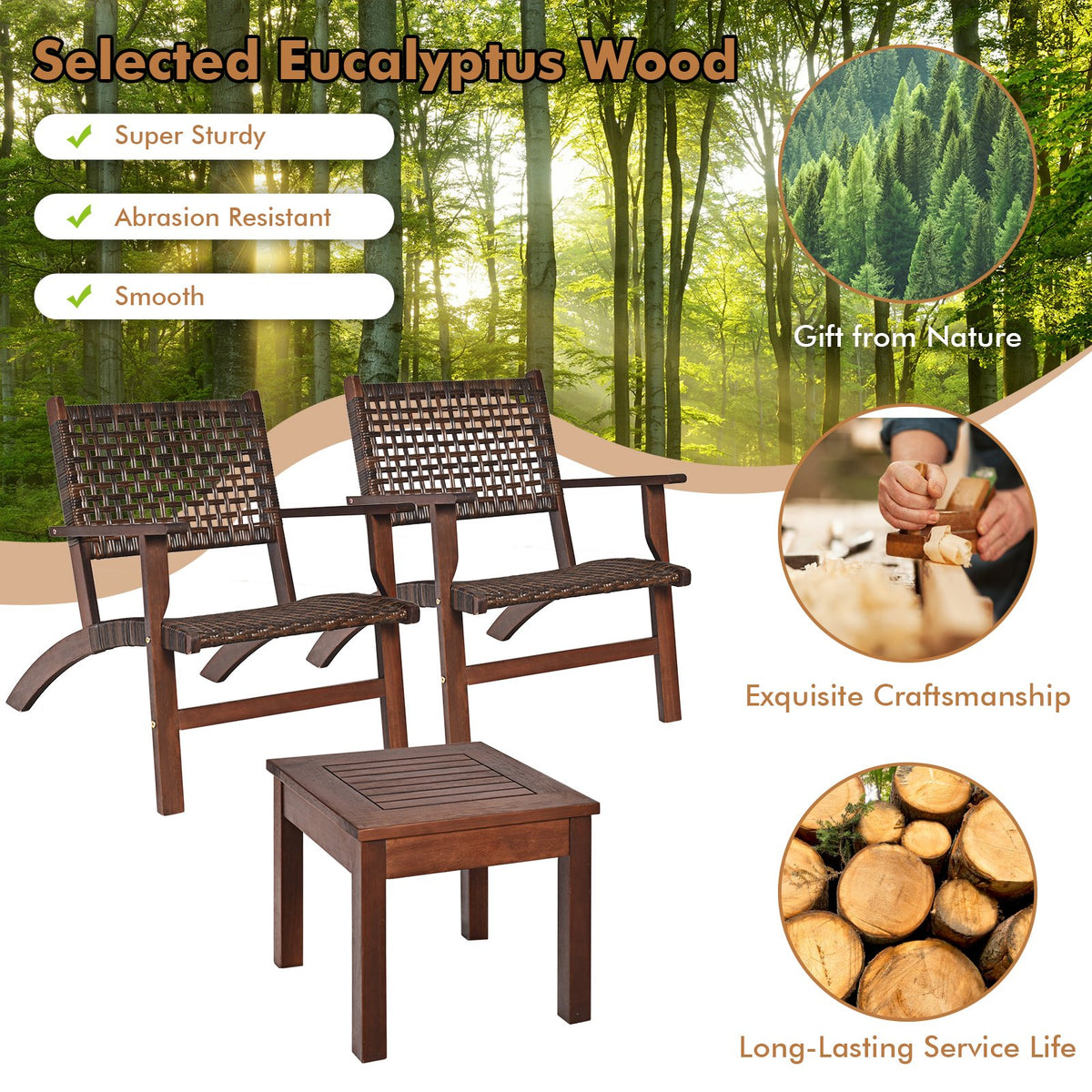 3 Pieces Outdoor Wooden Patio Rattan Furniture Set view 5