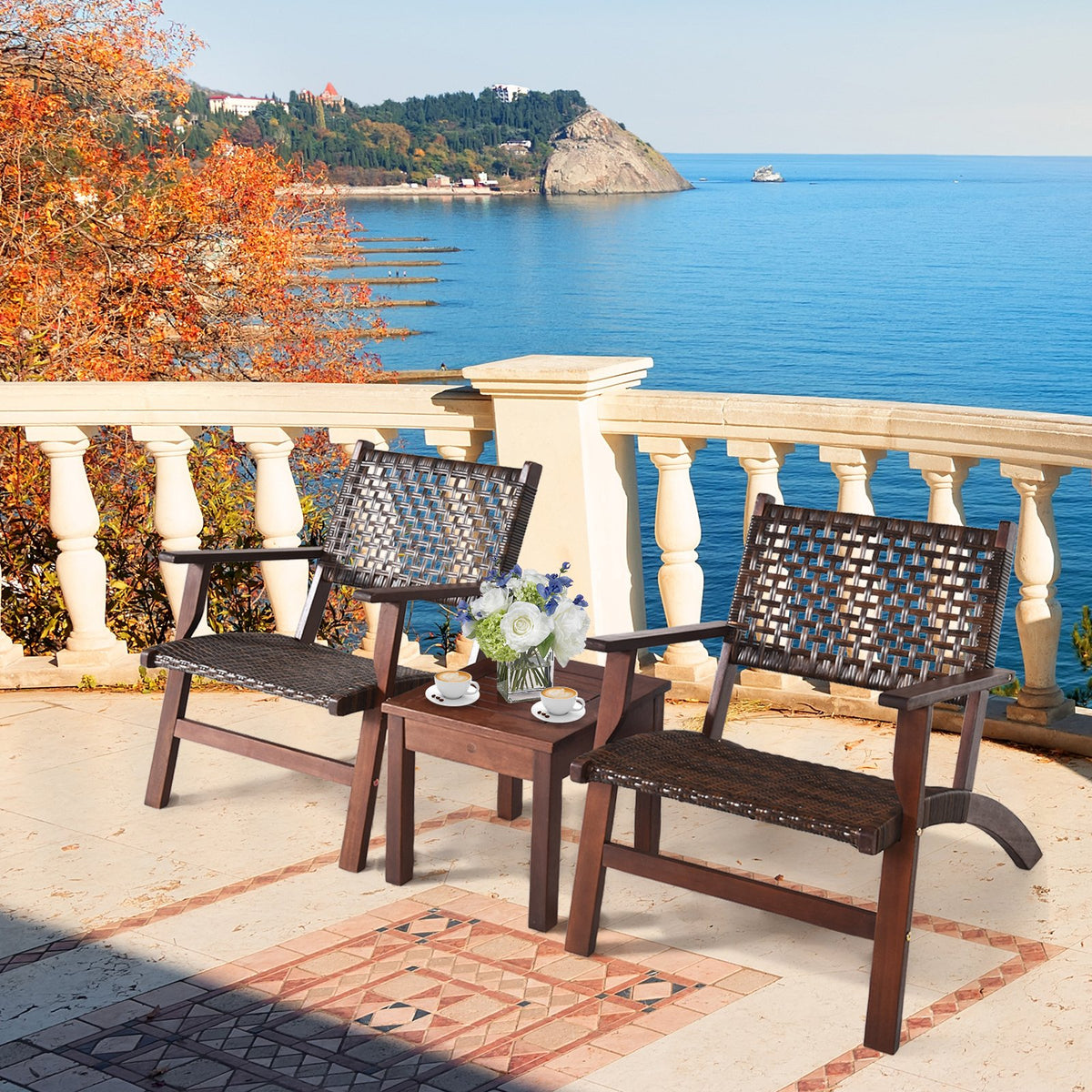3 Pieces Outdoor Wooden Patio Rattan Furniture Set view 6