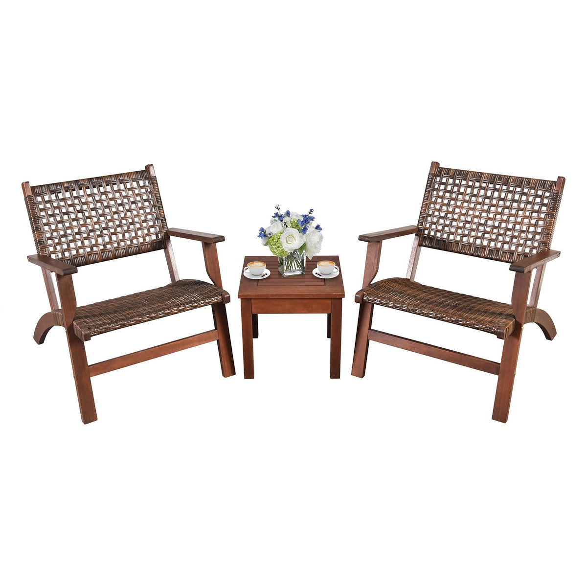 3 Pieces Outdoor Wooden Patio Rattan Furniture Set view 8