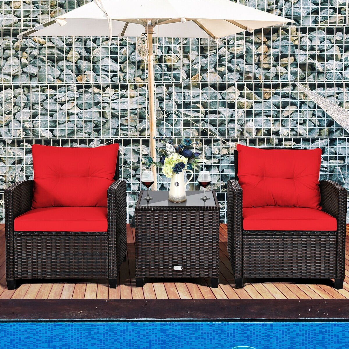 3 Pcs Patio Rattan Furniture Set Cushioned Conversation Set Coffee Table-Red view 2