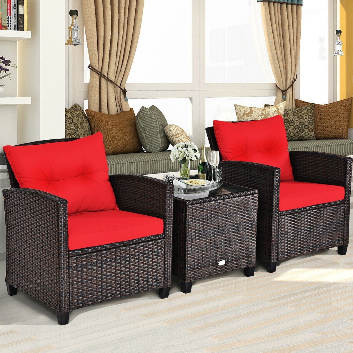 3 Pcs Patio Rattan Furniture Set Cushioned Conversation Set Coffee Table-Red view 3