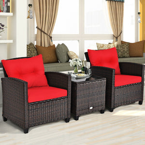 3 Pcs Patio Rattan Furniture Set Cushioned Conversation Set Coffee Table-Red view 3