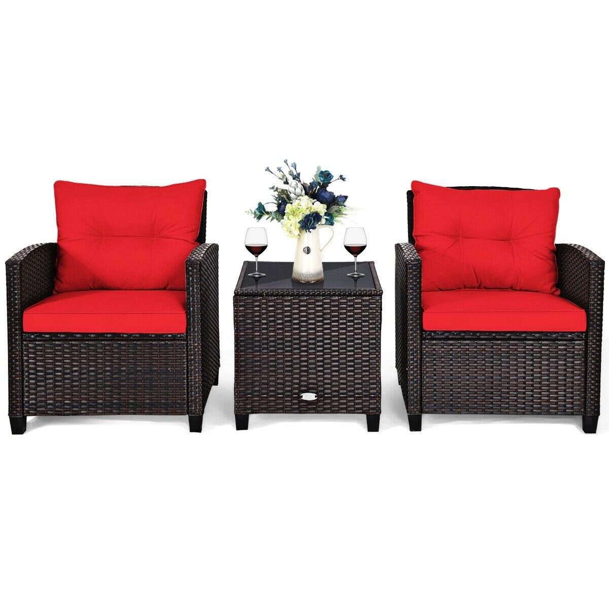 3 Pcs Patio Rattan Furniture Set Cushioned Conversation Set Coffee Table-Red view 4