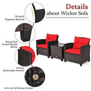 3 Pcs Patio Rattan Furniture Set Cushioned Conversation Set Coffee Table-Red view 7
