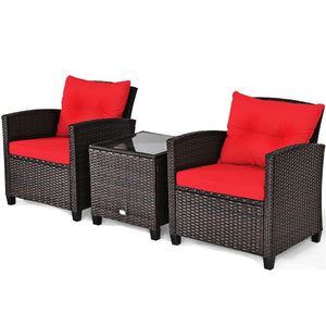 3 Pcs Patio Rattan Furniture Set Cushioned Conversation Set Coffee Table-Red view 9