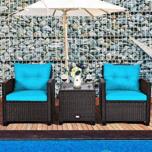 3 Pcs Patio Rattan Furniture Set Cushioned Conversation Set Coffee Table-Turquoise view 2
