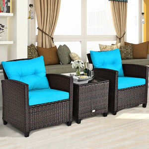 3 Pcs Patio Rattan Furniture Set Cushioned Conversation Set Coffee Table-Turquoise view 3