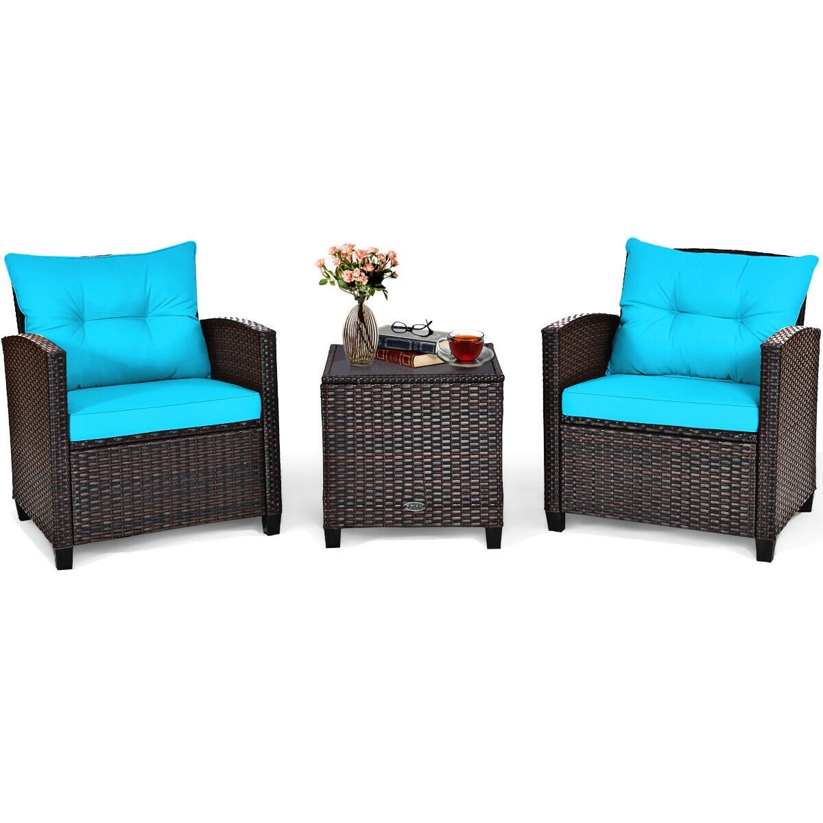 3 Pcs Patio Rattan Furniture Set Cushioned Conversation Set Coffee Table-Turquoise view 4