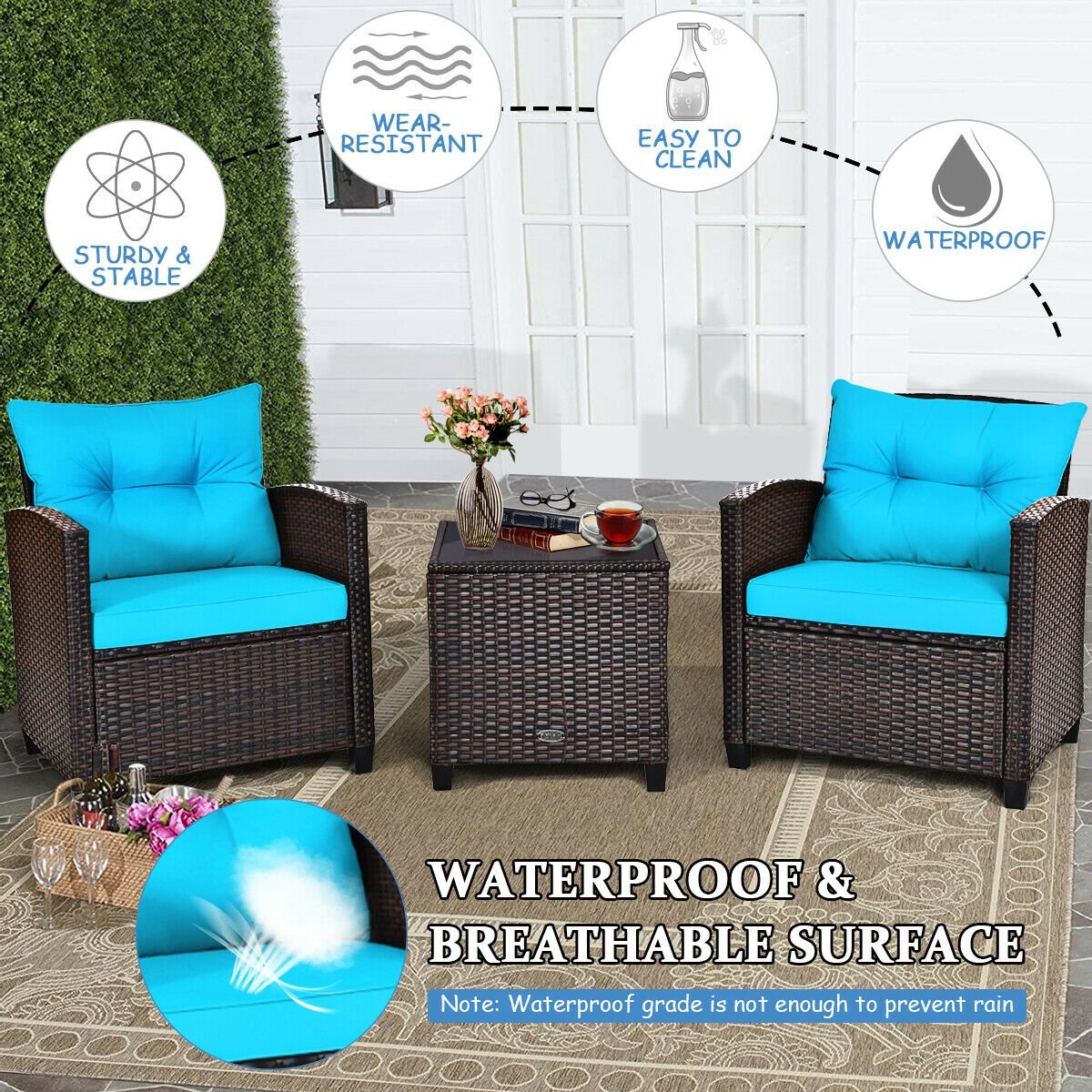 3 Pcs Patio Rattan Furniture Set Cushioned Conversation Set Coffee Table-Turquoise view 6