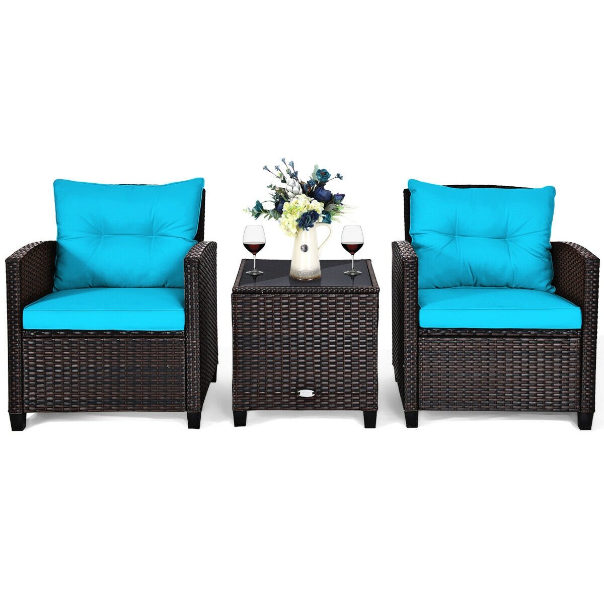 3 Pcs Patio Rattan Furniture Set Cushioned Conversation Set Coffee Table-Turquoise view 8