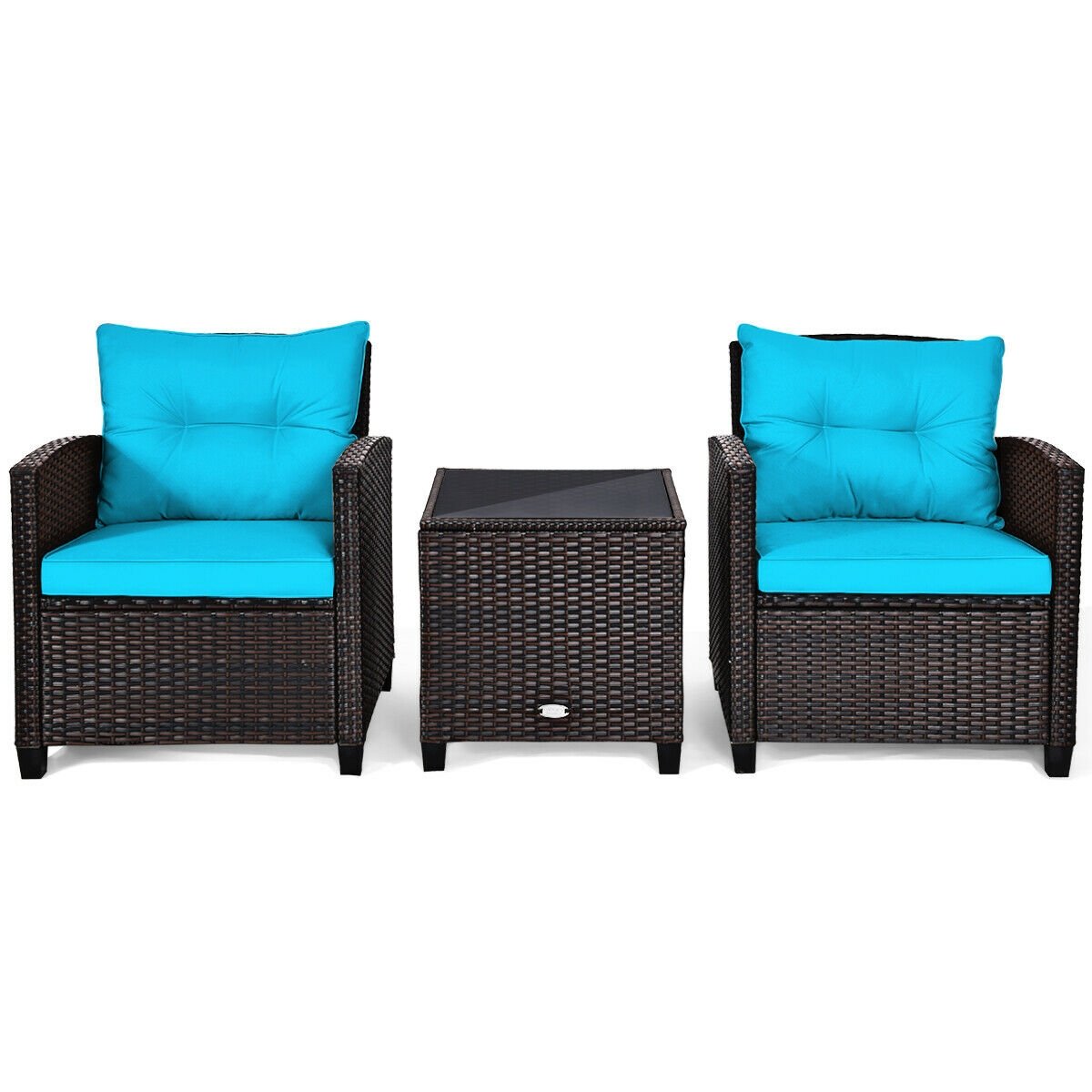 3 Pcs Patio Rattan Furniture Set Cushioned Conversation Set Coffee Table-Turquoise view 9