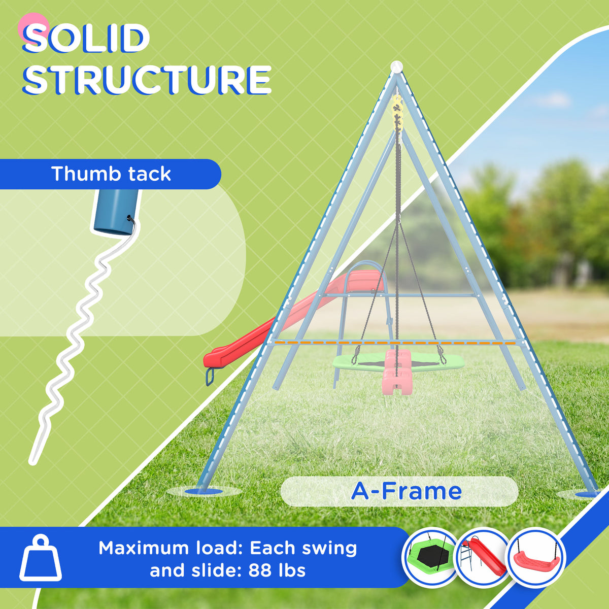 Metal Swing Set for Backyard, 4 in 1 Design with 1 Nest Swing, 2 Seats, 1 Slide, Holds Up to 352 lbs. for Ages 3-8