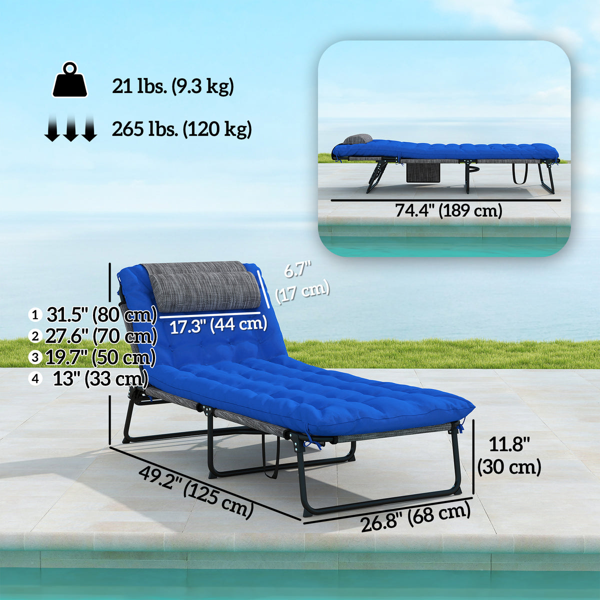 Folding Lounge Chair with 4-level Reclining Back & Cushion, Blue