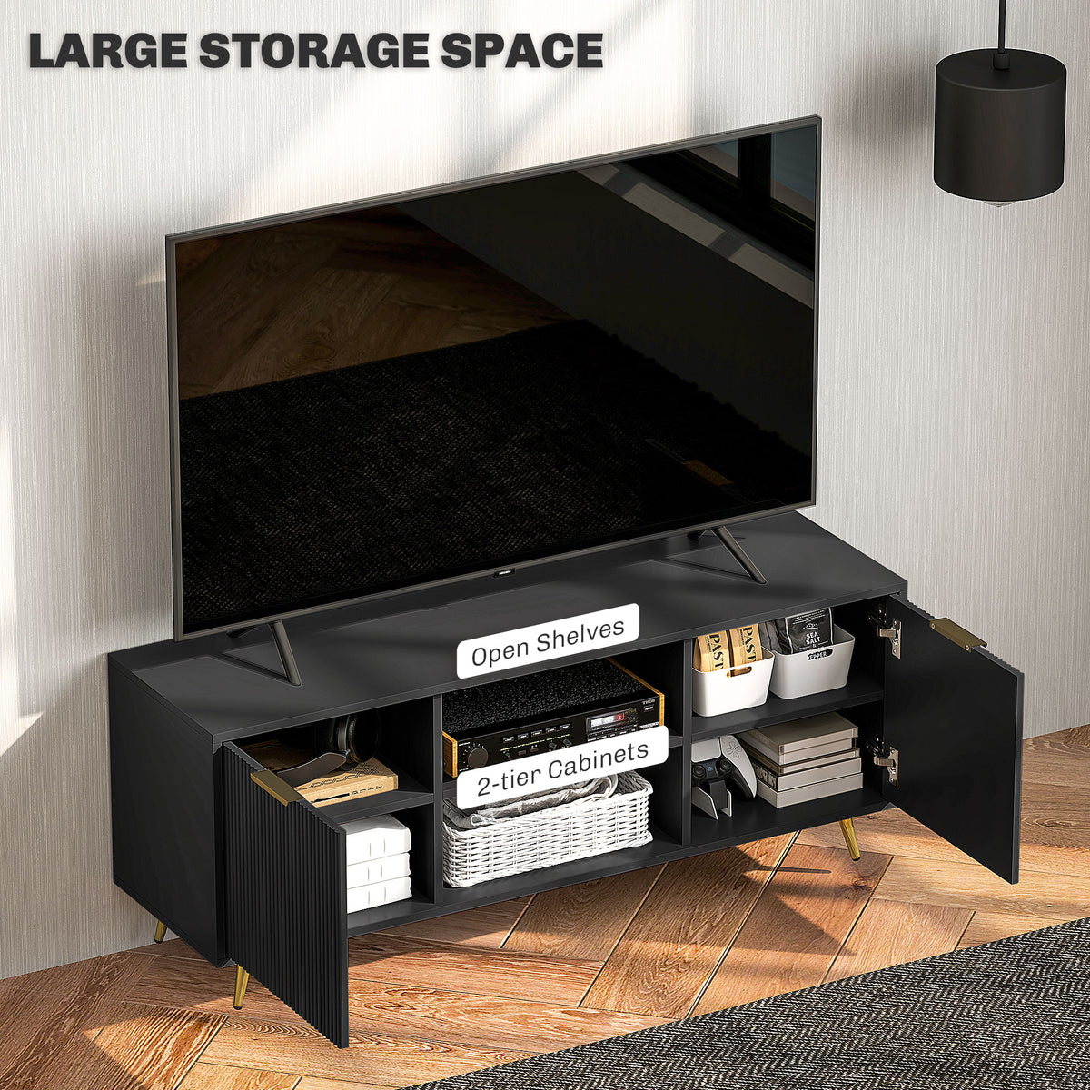 TV Stand with Storage for 55 Inch TV, Modern TV Cabinet with 2 Open Shelves and 2 Cabinets for Living Room – view 4