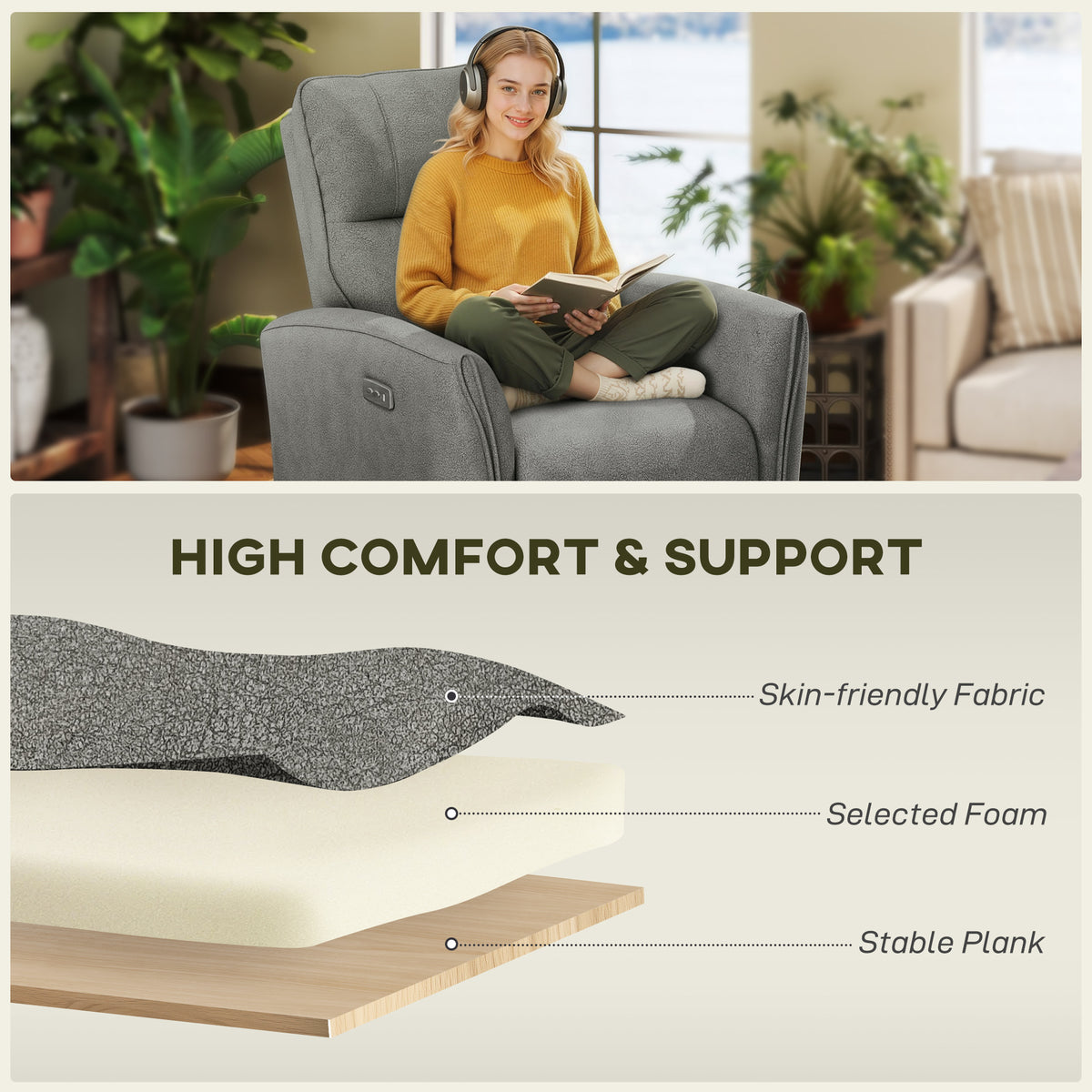 Power Recliner Chair, Dyed Fabric (Like Leathaire) Upholstered Recliner Chair with USB Ports, Footrest – view 18