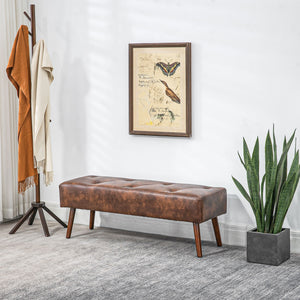 Bedroom Bench, End of Bed Bench with Button Tufted, PU Leather Upholstered Entryway Bench with Wood Legs, Brown