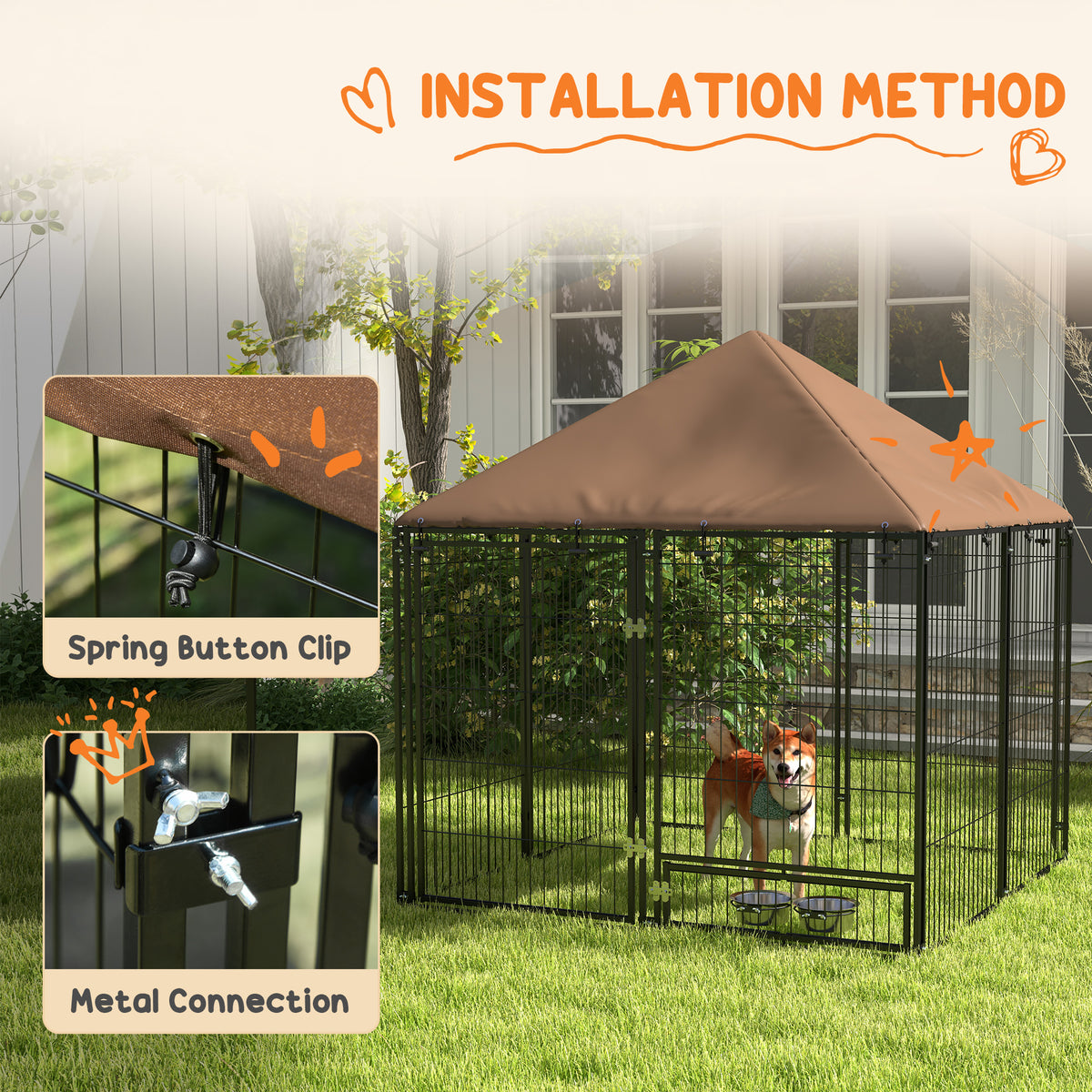 4.6' x 4.6' x 5' Outdoor Dog Kennel with Canopy, Rotating Bowls, Coffee – view 6