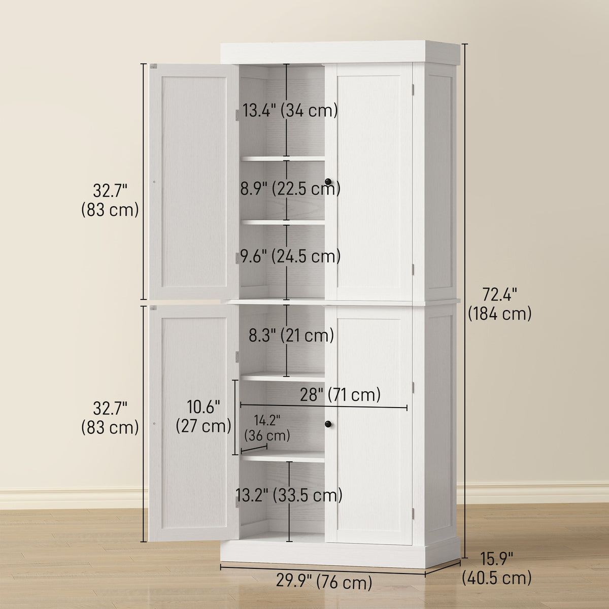 72.5" Freestanding Kitchen Pantry Cabinet with 4 Doors, White